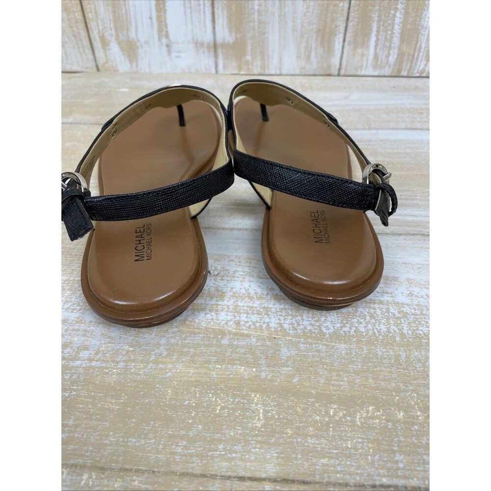 Michael Kors MK Plate Silver Logo Women's Black Leather Sandals Sz 9M - Picture 6 of 10
